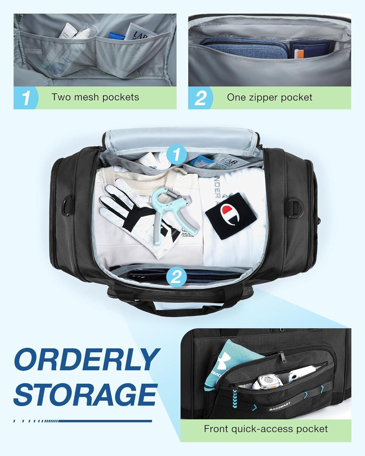 imageBAGSMART 4IN1 Gym Bag for Women TSA Lightweight Duffle Bag for Travel with Shoe Compartment amp Wet Pocket 30L Carry On Weekender Bags for WomenWater Resistant Travel Duffel BackpackCamelLBlack