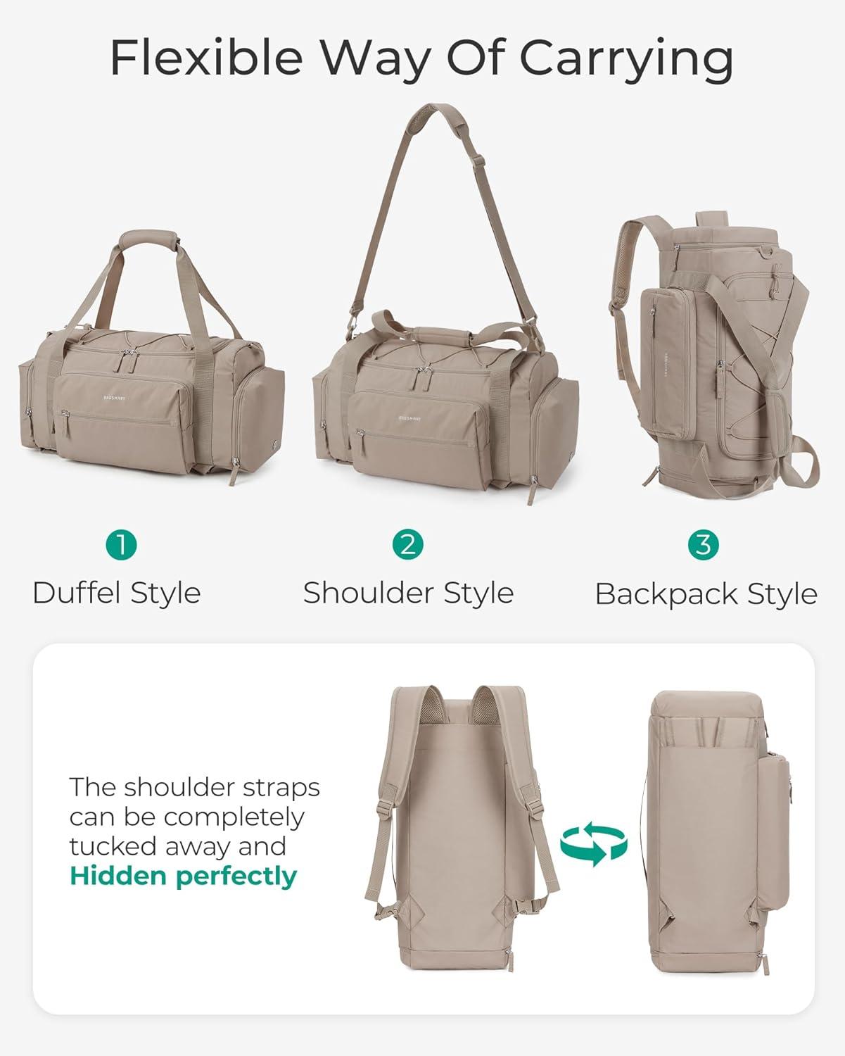 imageBAGSMART 4IN1 Gym Bag for Women TSA Lightweight Duffle Bag for Travel with Shoe Compartment amp Wet Pocket 30L Carry On Weekender Bags for WomenWater Resistant Travel Duffel BackpackCamelEBlack