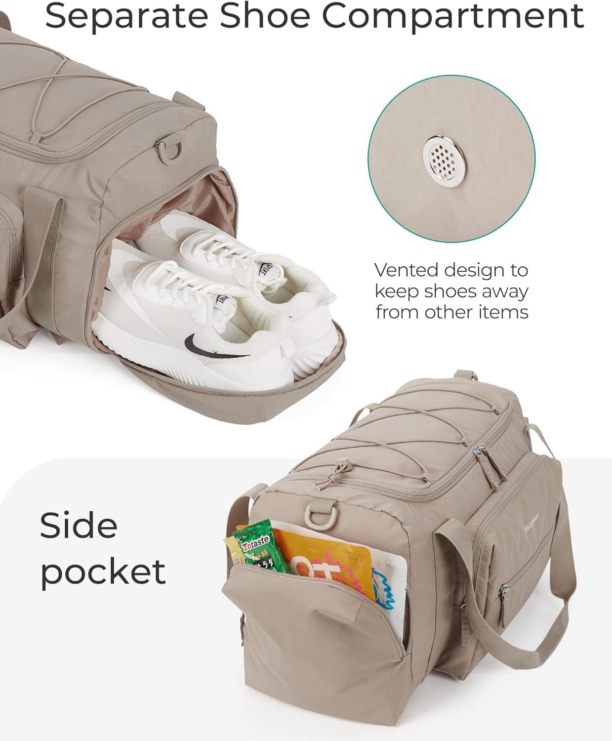 imageBAGSMART 4IN1 Gym Bag for Women TSA Lightweight Duffle Bag for Travel with Shoe Compartment amp Wet Pocket 30L Carry On Weekender Bags for WomenWater Resistant Travel Duffel BackpackCamelGLight pink