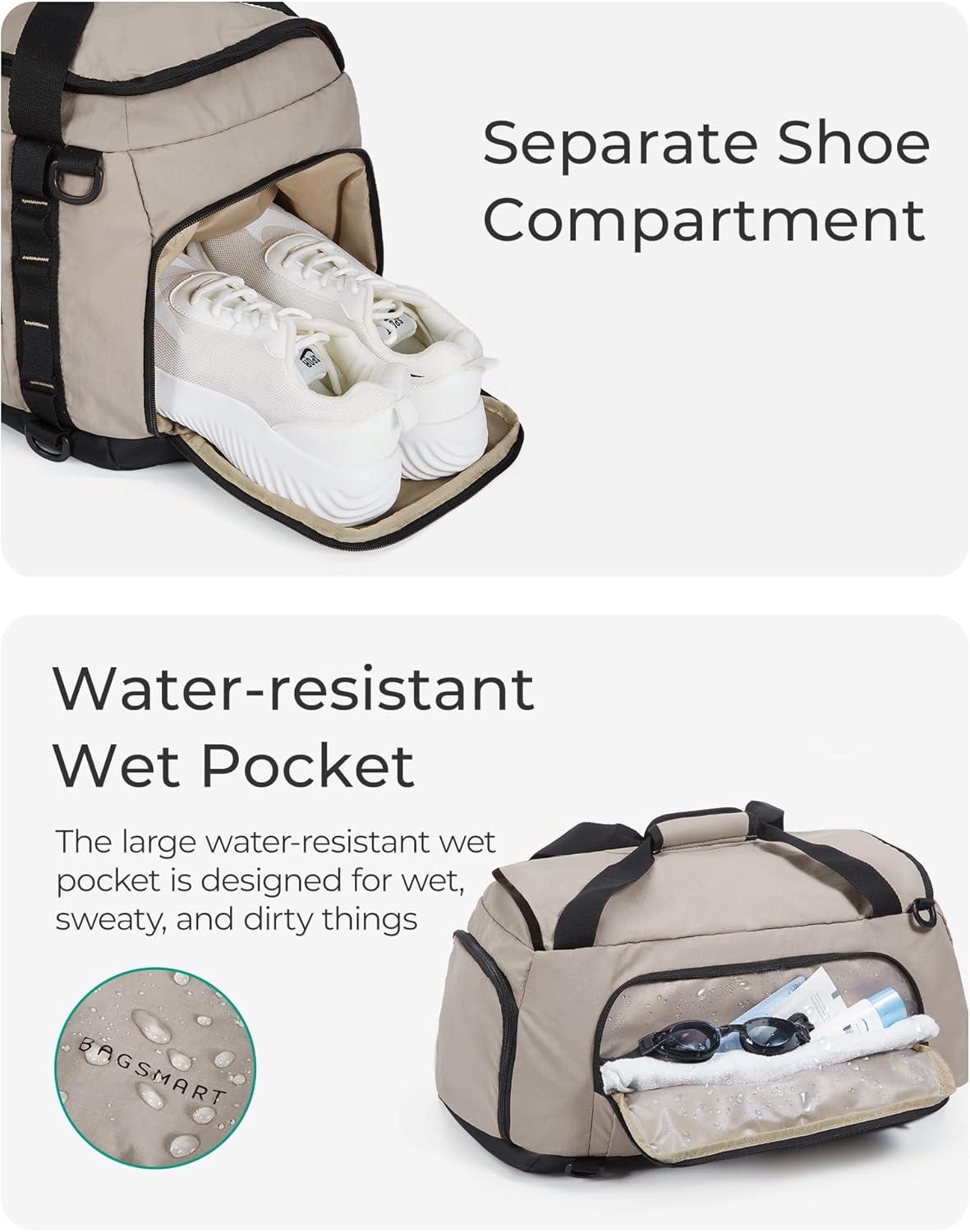 imageBAGSMART 4IN1 Gym Bag for Women TSA Lightweight Duffle Bag for Travel with Shoe Compartment amp Wet Pocket 30L Carry On Weekender Bags for WomenWater Resistant Travel Duffel BackpackCamelJGreenish Gray