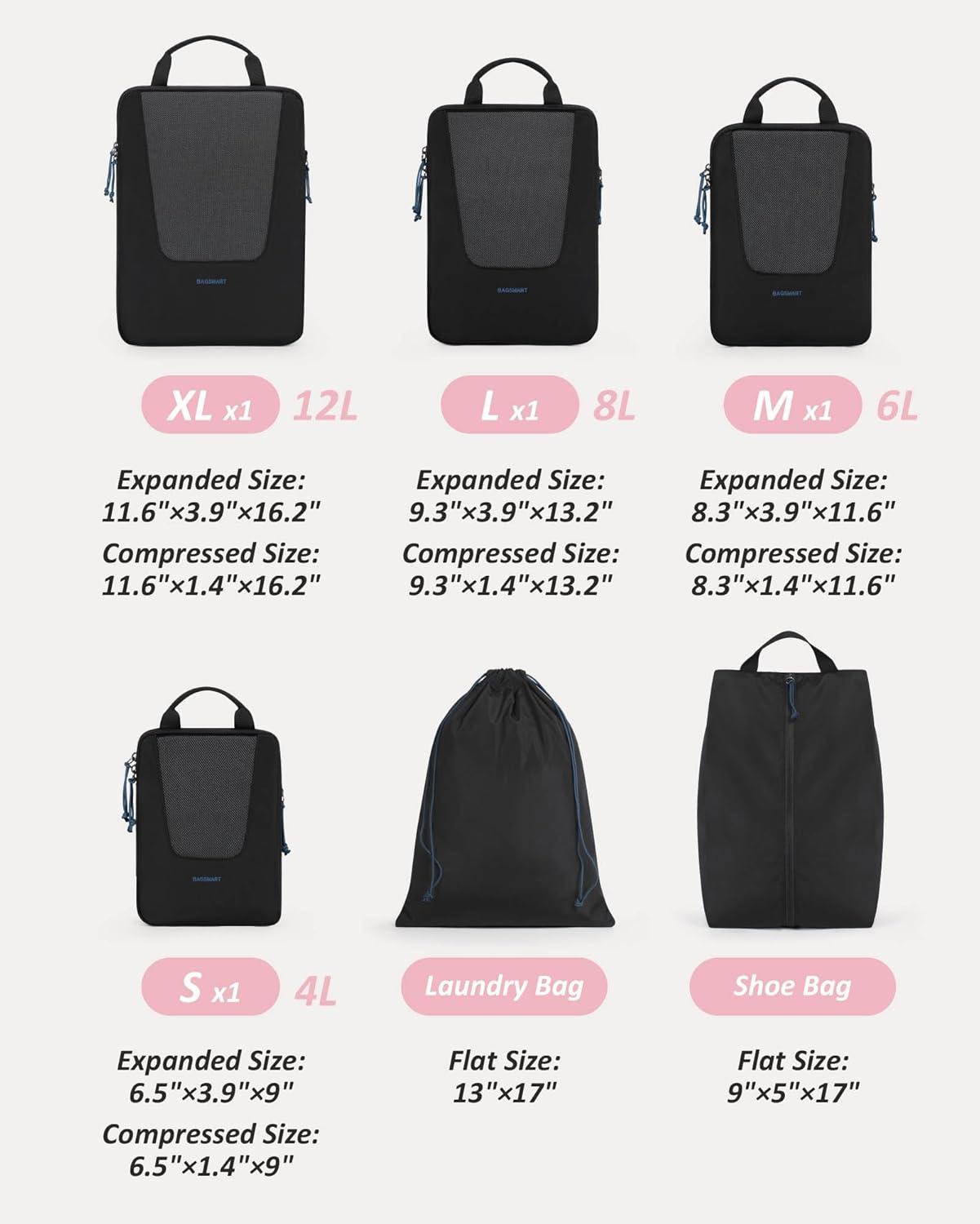 imageBAGSMART Compression Packing Cubes Travel Cubes for Packing 654 Set Suitcase Organizer Bags Set Lightweight Packing OrganizersDBlack