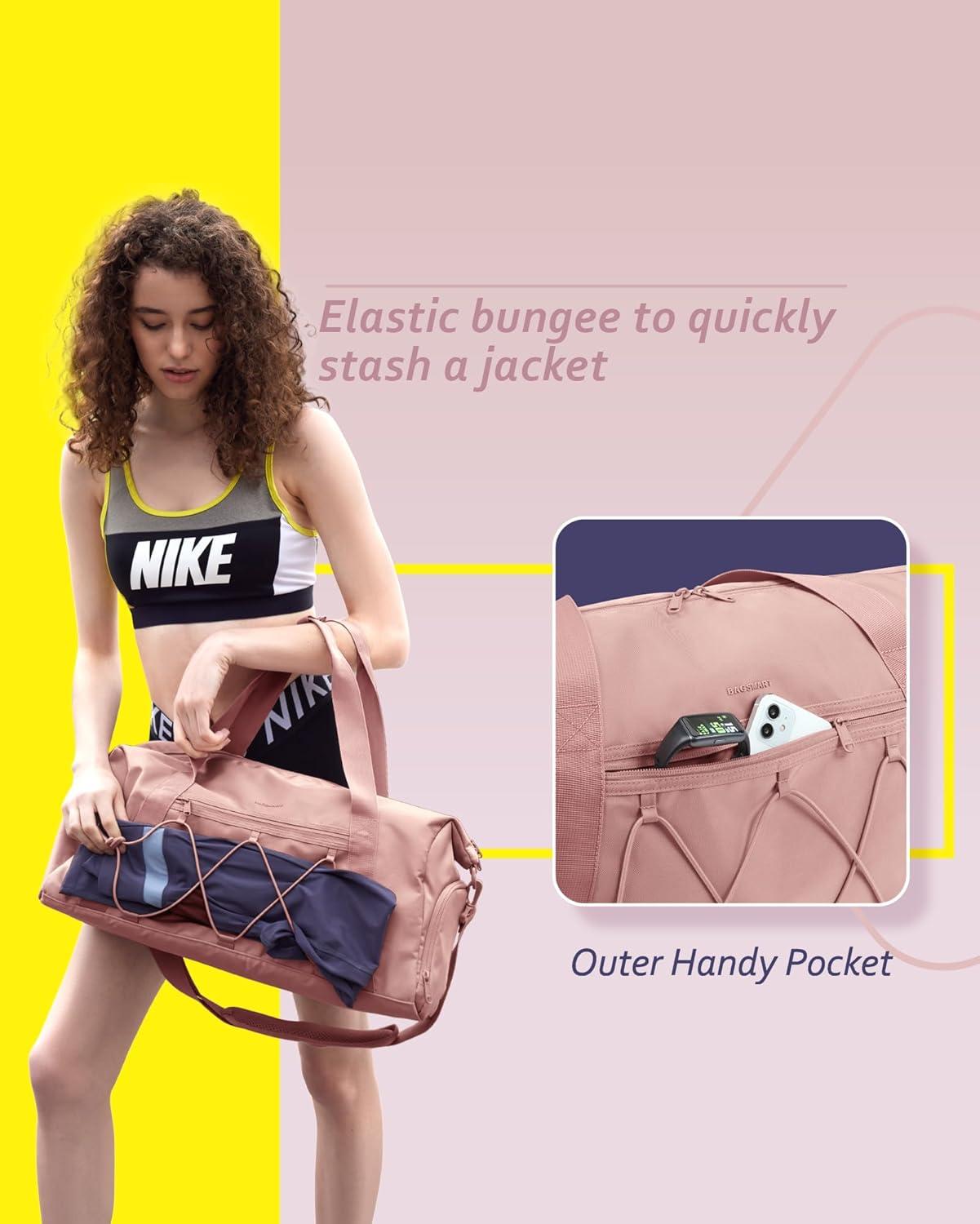 imageBAGSMART Gym Bag With Shoe Compartment amp Wet Pocket Lightweight Sports Travel Duffel Bag Carry On Bag Weekender Overnight Bag Water Resistant Sports Gym Tote Bags Swimming Yoga Almond OilBlack