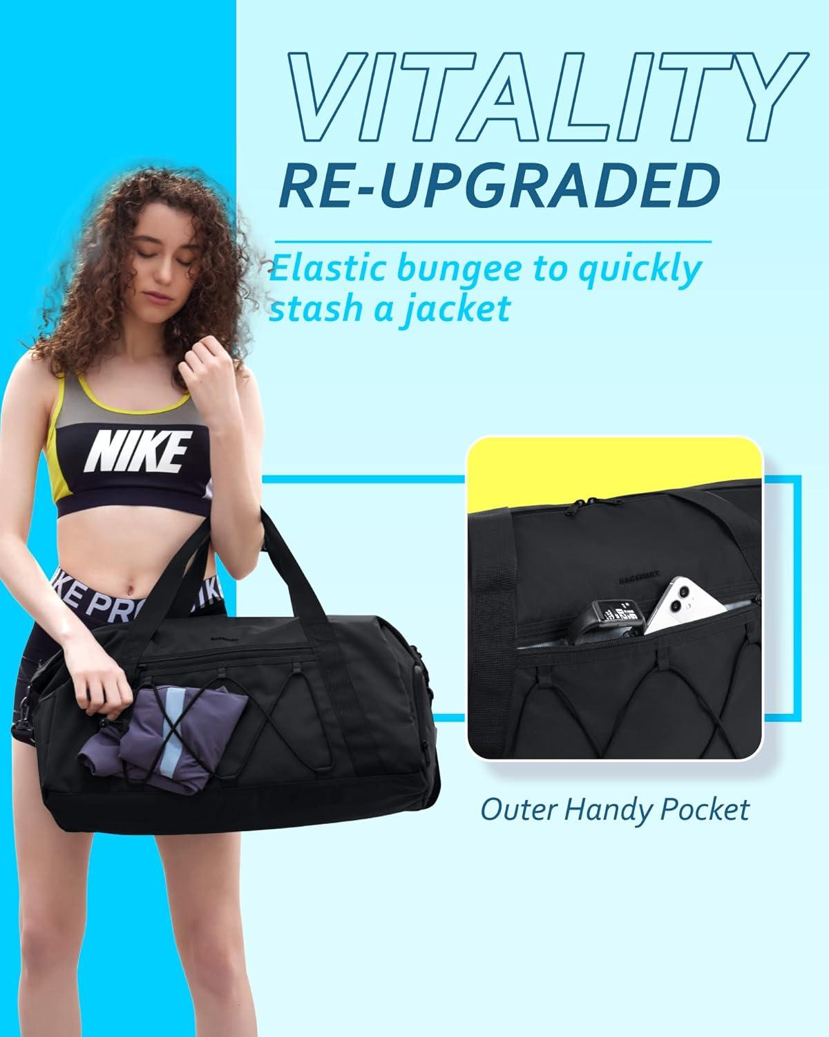 imageBAGSMART Gym Bag With Shoe Compartment amp Wet Pocket Lightweight Sports Travel Duffel Bag Carry On Bag Weekender Overnight Bag Water Resistant Sports Gym Tote Bags Swimming Yoga Almond OilBlack
