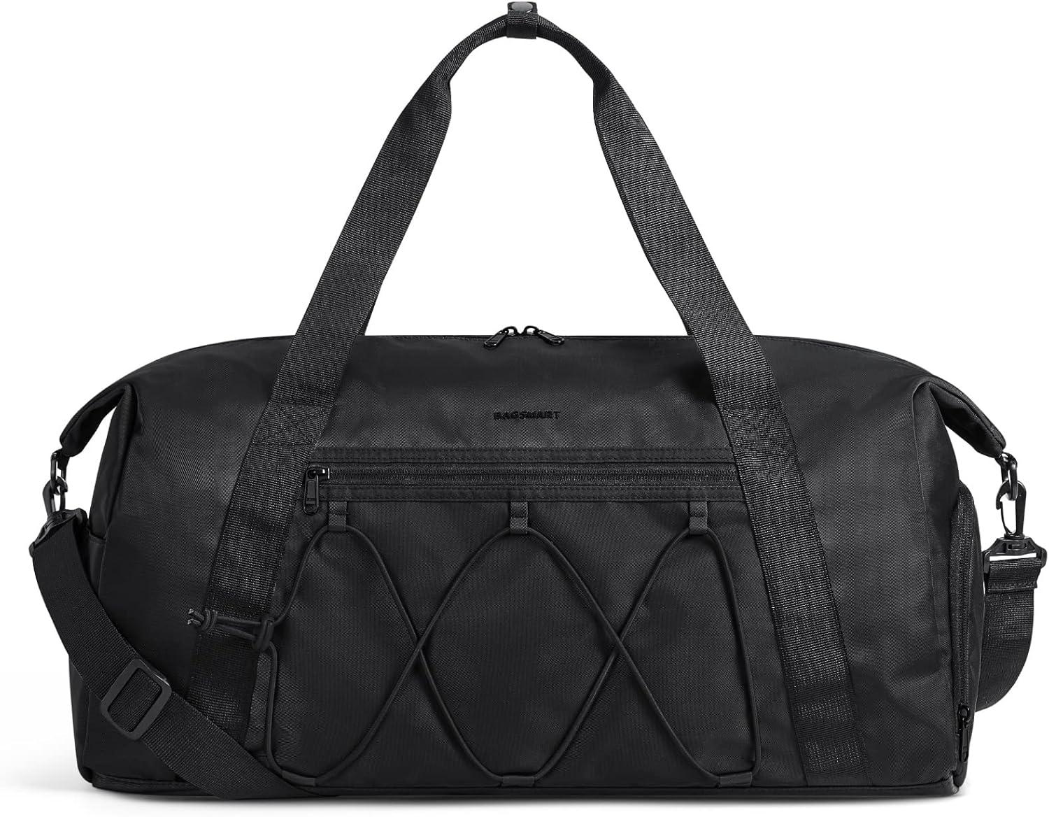 imageBAGSMART Gym Bag With Shoe Compartment amp Wet Pocket Lightweight Sports Travel Duffel Bag Carry On Bag Weekender Overnight Bag Water Resistant Sports Gym Tote Bags Swimming Yoga Almond OilBlack