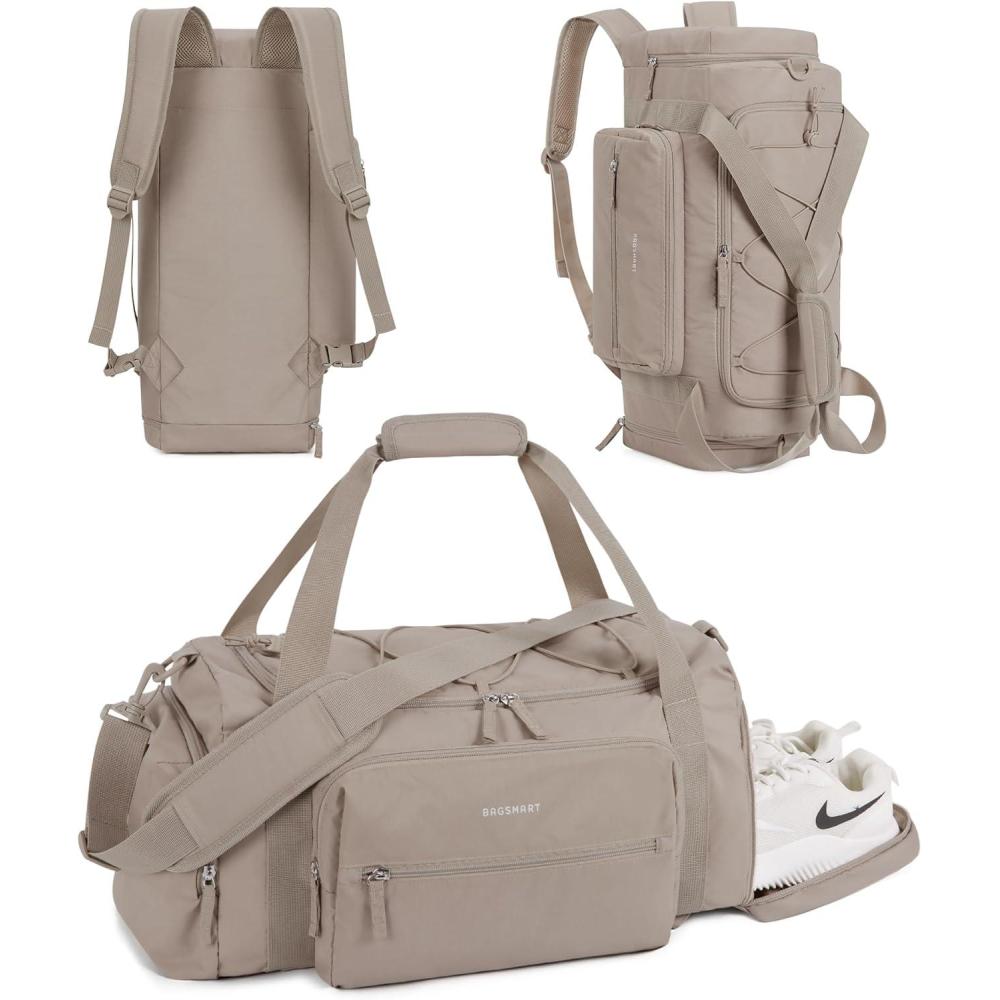 imageBAGSMART 4IN1 Gym Bag for Women TSA Lightweight Duffle Bag for Travel with Shoe Compartment amp Wet Pocket 30L Carry On Weekender Bags for WomenWater Resistant Travel Duffel BackpackCamelALight tan