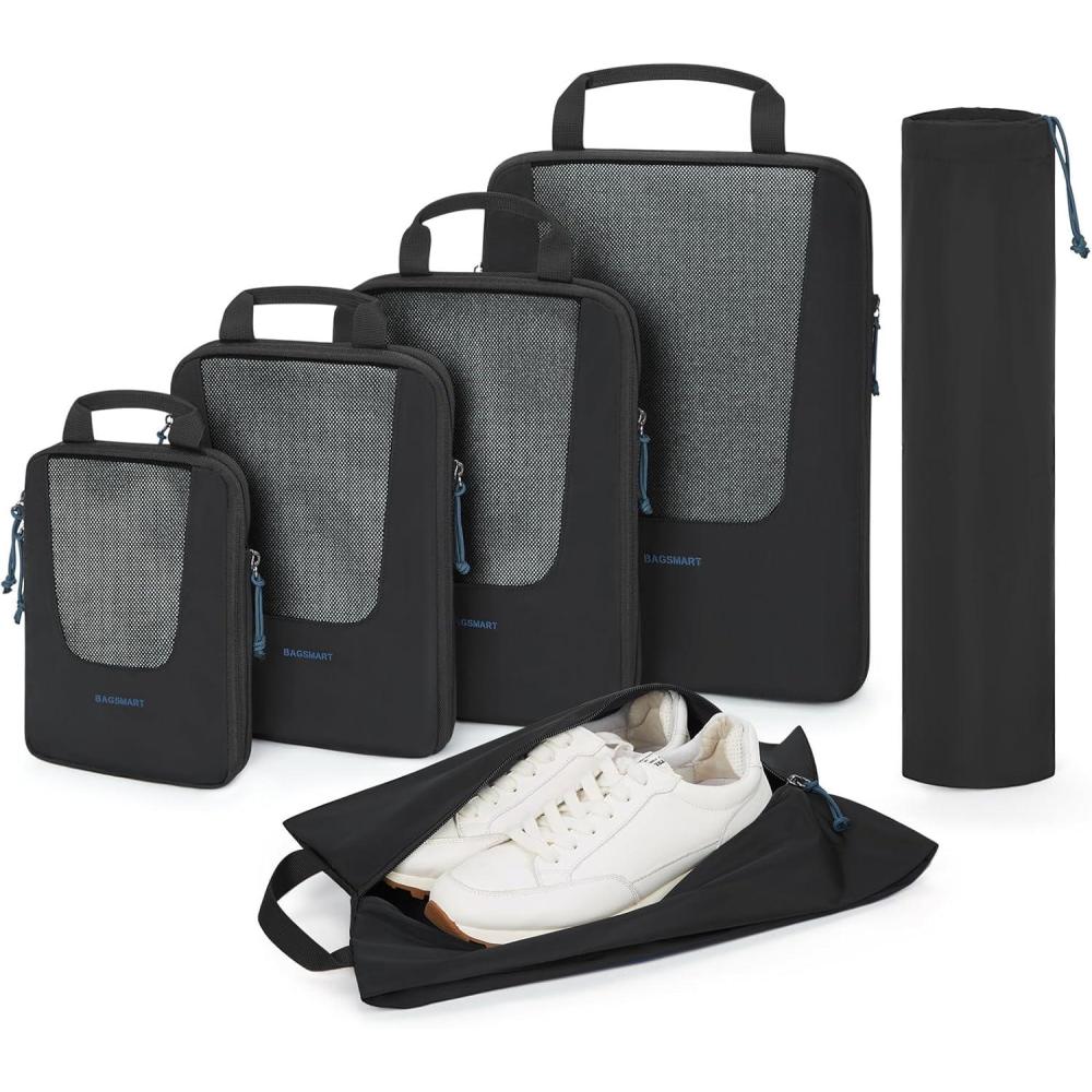 imageBAGSMART Compression Packing Cubes Travel Cubes for Packing 654 Set Suitcase Organizer Bags Set Lightweight Packing OrganizersDBlack