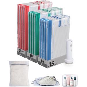 BAGSMART Vacuum Storage Bags for Travel with Rechargeable Air Pump, 21 Pack Portable Space Saver Bags for Travel & Home, Vacuum Compression Seal Bag for Clothing, Blanket, Duvets(15 Combo Travel Sets)