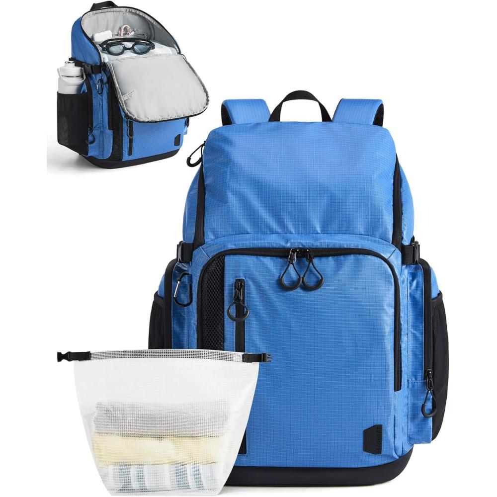 imageBAGSMART 2 Piece Swim Bag for Swimmers with Shoe Compartment 35L Waterproof Swim Backpack for Men and Women Swimming Sports Gym BagBlue