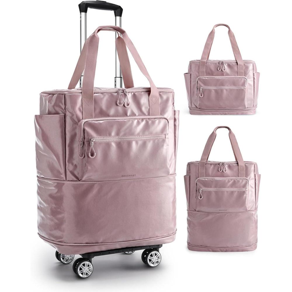 imageBAGSMART Rolling Duffle Bag with Wheels 48L Expandable Carry on Luggage Bag Large Tote with Detachable Wheels for Travel Grocery Moving BlackPurple