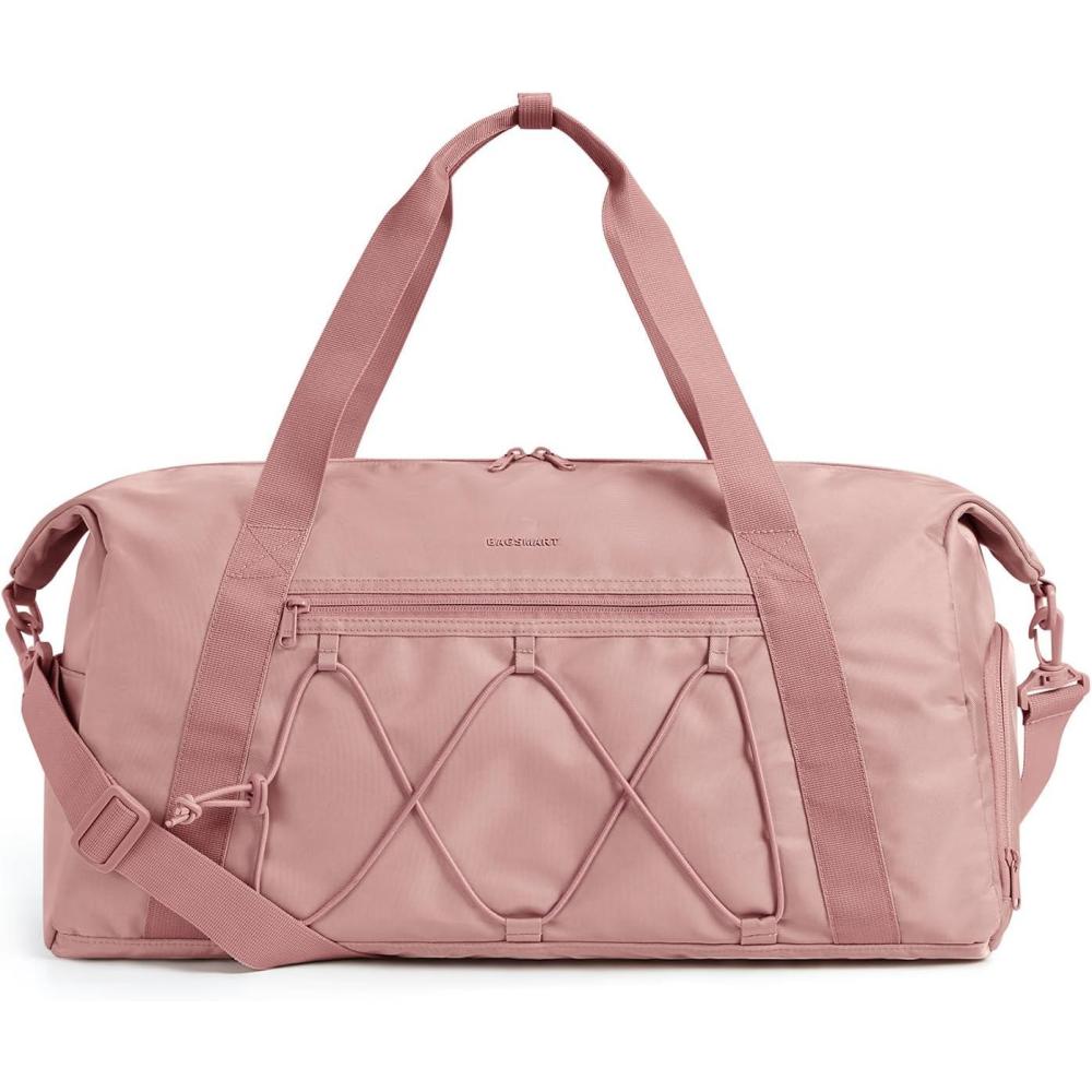 imageBAGSMART Small Gym Bag With Shoe Compartment amp Wet Pocket Lightweight Sports Travel Duffel Carry On Weekender Overnight Water Resistant Sports Gym Tote for Swimming Yoga Almond OilDark Pink