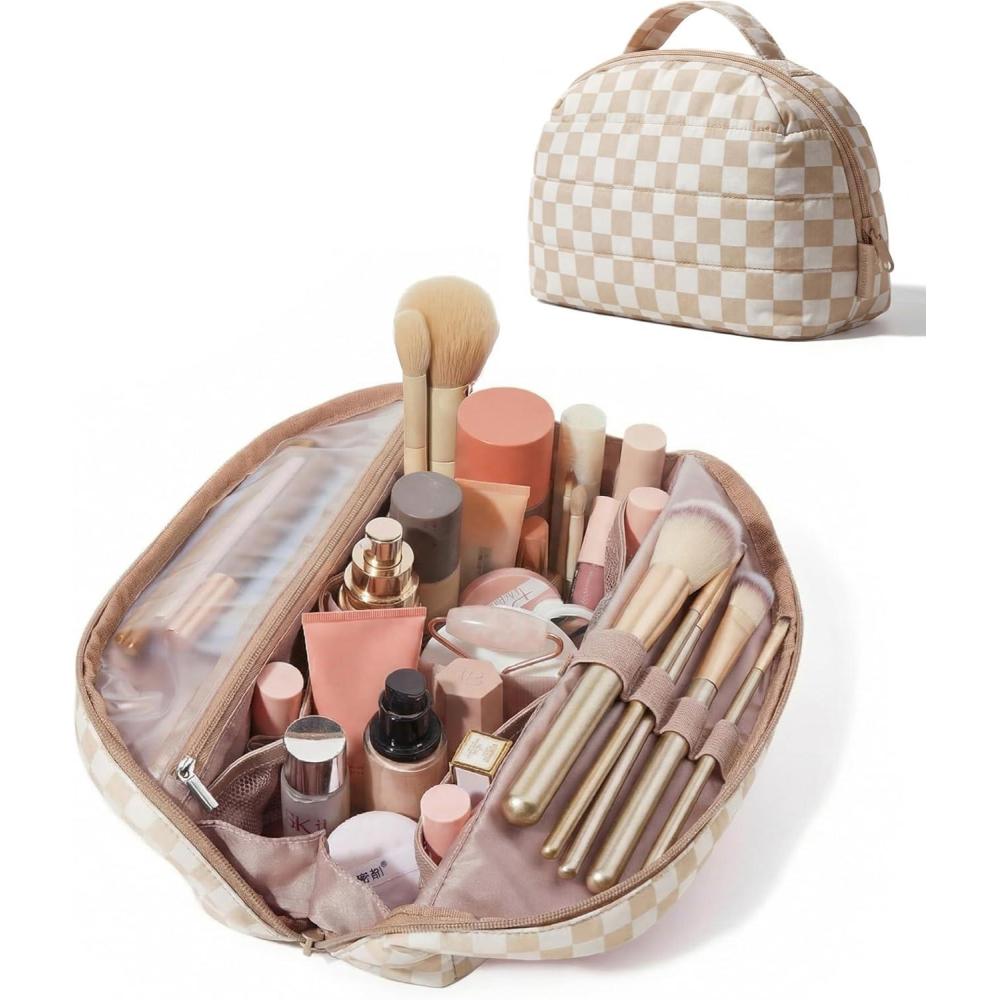 imageBAGSMART Travel Makeup Bag for Women Portable Folddown Cosmetic Case Puffy Padded Make Up Organizer Pouch Waterresistant Toiletry Bag for Toiletries Brushes Baby PinkKhaki Brown checkered Print