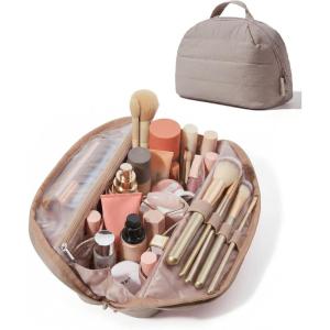 BAGSMART Travel Makeup Bag for Women, Portable Fold-down Cosmetic Case, Puffy Padded Make Up Organizer Pouch, Water-resistant Toiletry Bag for Toiletries, Brushes (Baby Pink)(Brown)