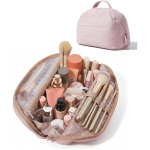 BAGSMART Travel Makeup Bag for Women, Portable Fold-down Cosmetic Case, Puffy Padded Make Up Organizer Pouch, Water-resistant Toiletry Bag for Toiletries, Brushes (Baby Pink)(Baby Pink)