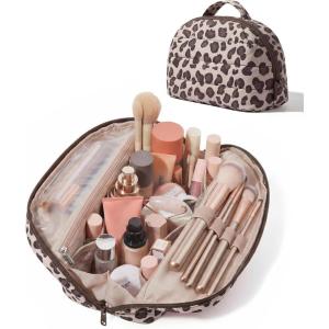 BAGSMART Travel Makeup Bag for Women, Portable Fold-down Cosmetic Case, Puffy Padded Make Up Organizer Pouch, Water-resistant Toiletry Bag for Toiletries, Brushes (Baby Pink)(Leopard Print)