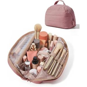 BAGSMART Travel Makeup Bag for Women, Portable Fold-down Cosmetic Case, Puffy Padded Make Up Organizer Pouch, Water-resistant Toiletry Bag for Toiletries, Brushes (Baby Pink)(Dark Pink)