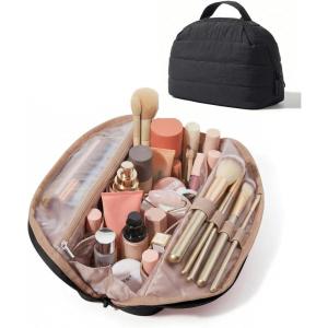 BAGSMART Travel Makeup Bag for Women, Portable Fold-down Cosmetic Case, Puffy Padded Make Up Organizer Pouch, Water-resistant Toiletry Bag for Toiletries, Brushes (Baby Pink)(Black)