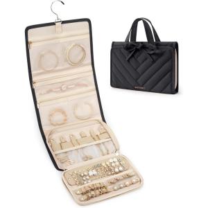 BAGSMART Travel Jewelry Case Organizer, Large Capacity Foldable Jewelry Roll for Journey – Rings, Necklaces, Earrings, Bracelets, Fashion Black(Black)